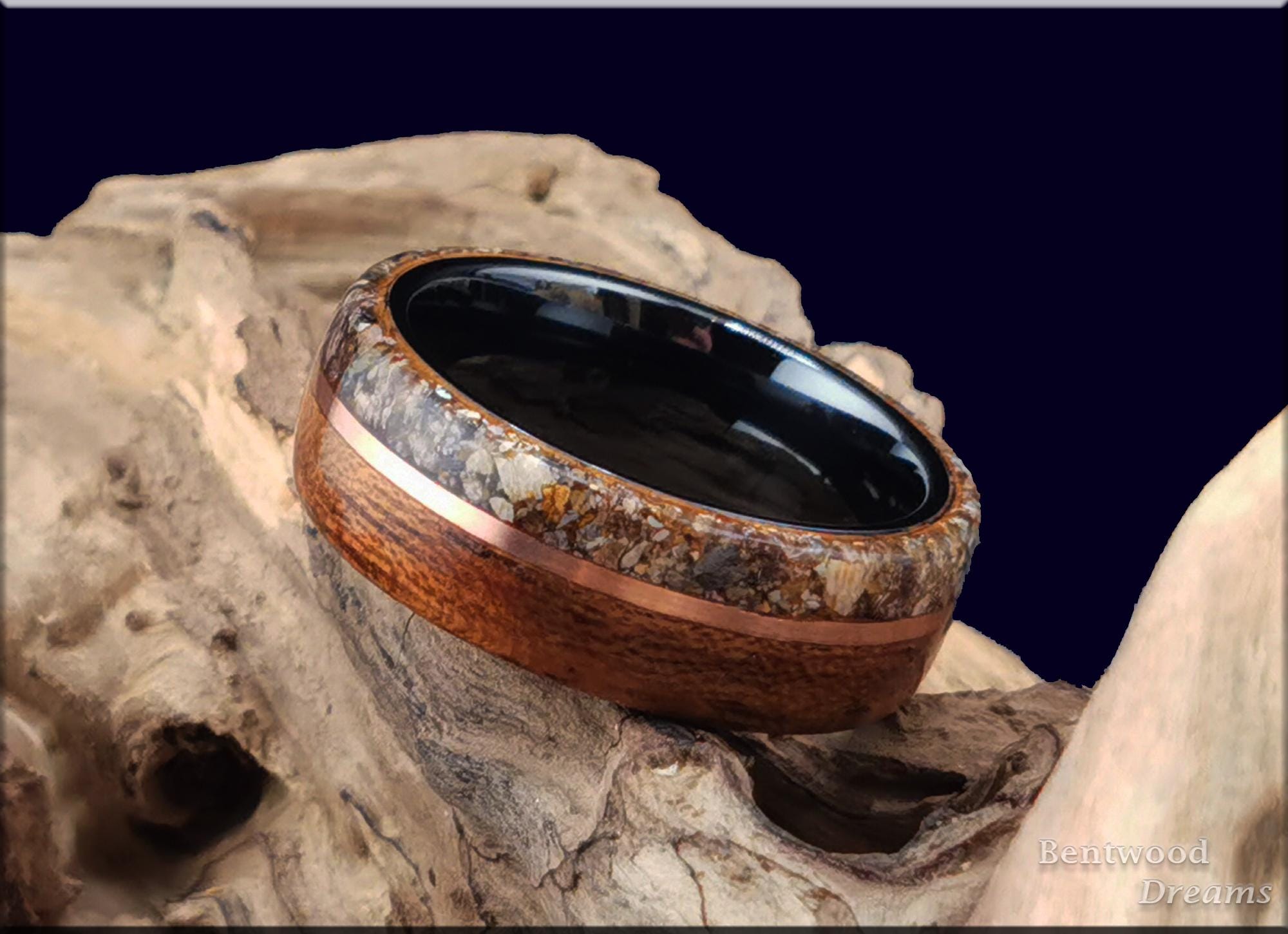 Bentwood Ring: Quartersawn Etimoe, edge inlaid Dinosaur Bone and Copper Wire, Black Ceramic core