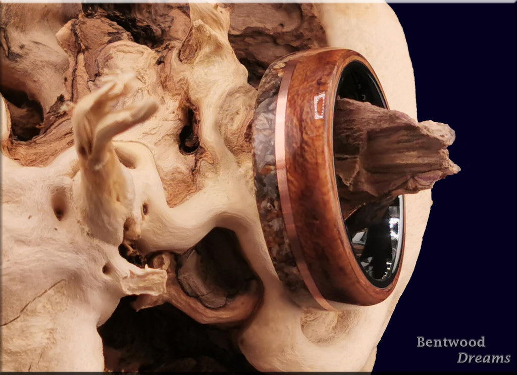 Bentwood Ring: Quartersawn Etimoe, edge inlaid Dinosaur Bone and Copper Wire, Black Ceramic core