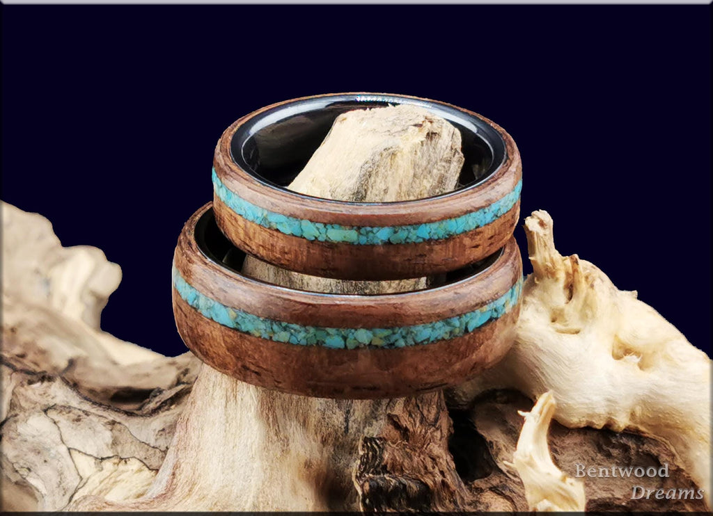 Bentwood Ring Set: Rare Fiddleback Walnut, offset Sonoran Turquoise, Black ceramic cores