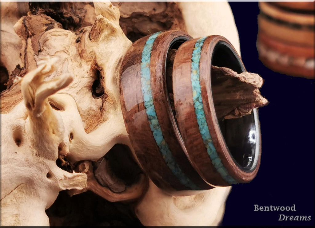 Bentwood Ring Set: Rare Fiddleback Walnut, offset Sonoran Turquoise, Black ceramic cores