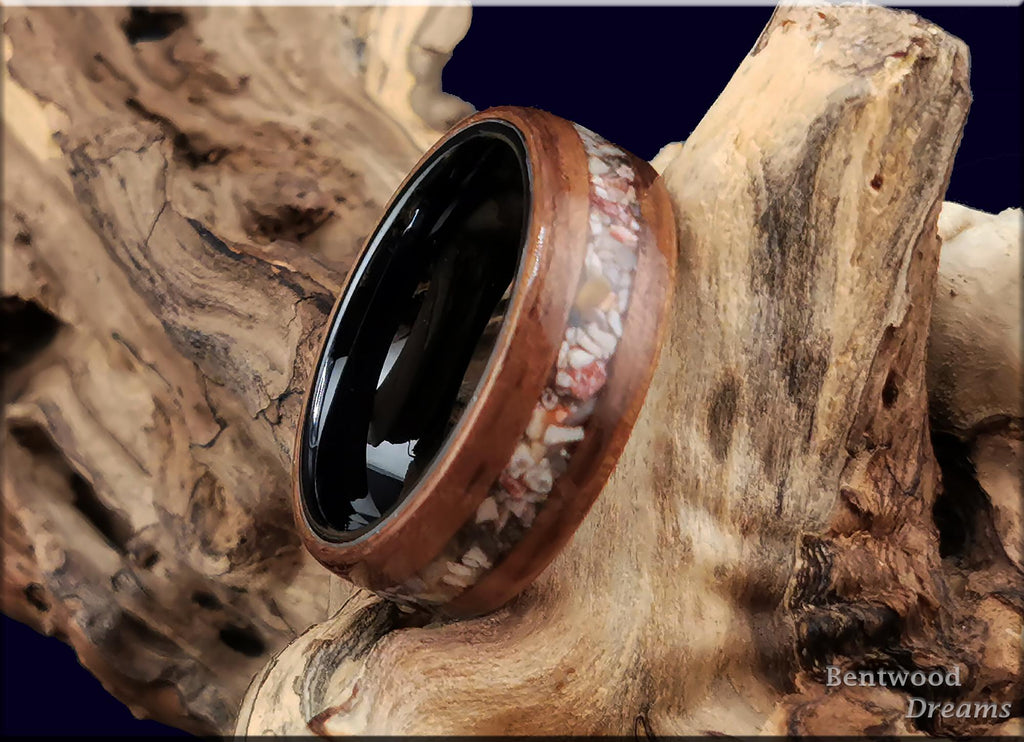 Bentwood Ring: Leopard Walnut, inlaid Soapstone, Black Ceramic core