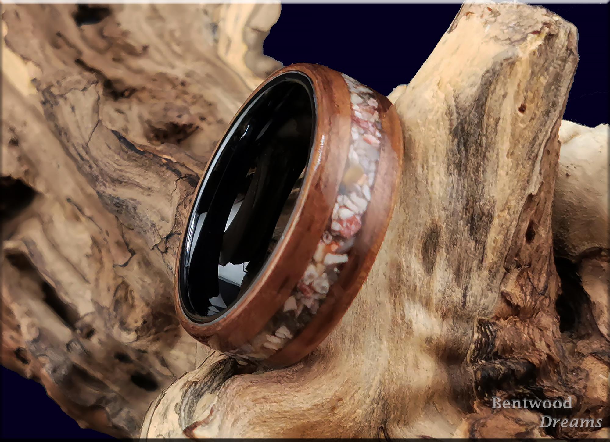 Bentwood Ring: Leopard Walnut, inlaid Soapstone, Black Ceramic core