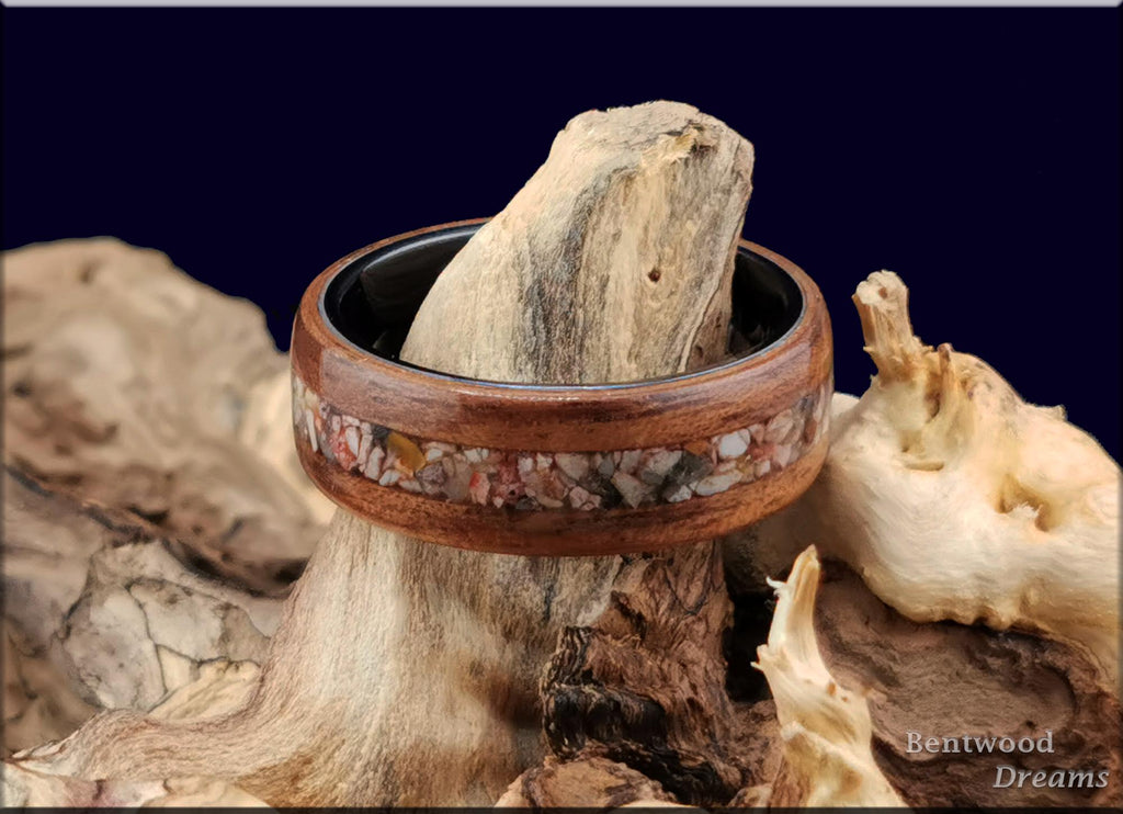 Bentwood Ring: Leopard Walnut, inlaid Soapstone, Black Ceramic core