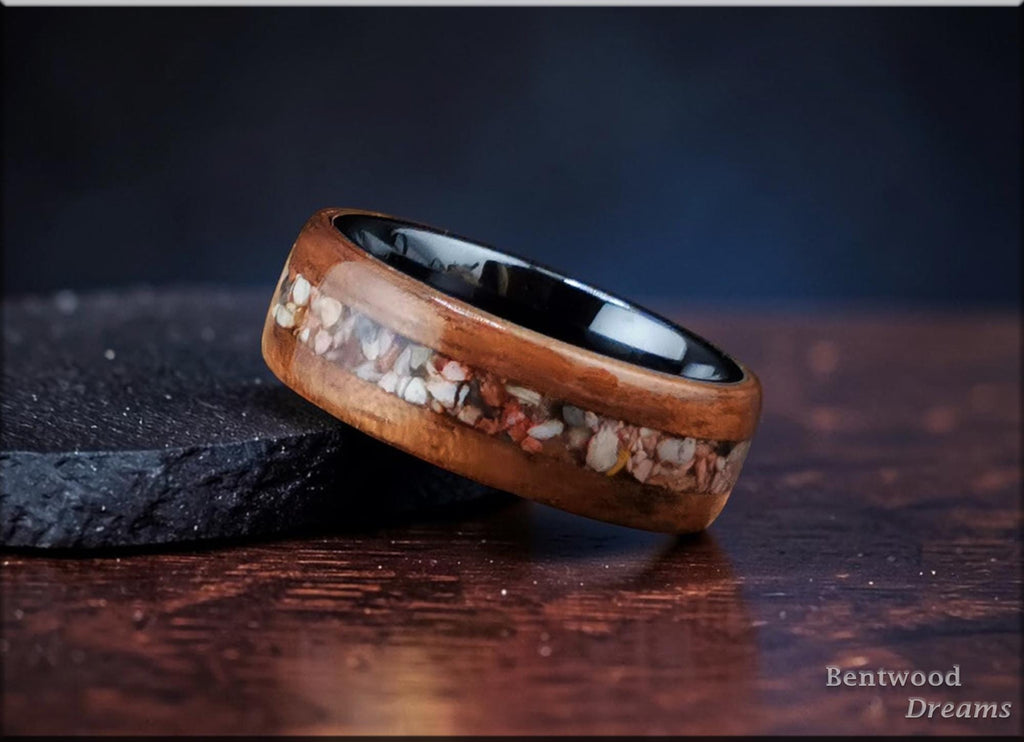 Bentwood Ring: Leopard Walnut, inlaid Soapstone, Black Ceramic core