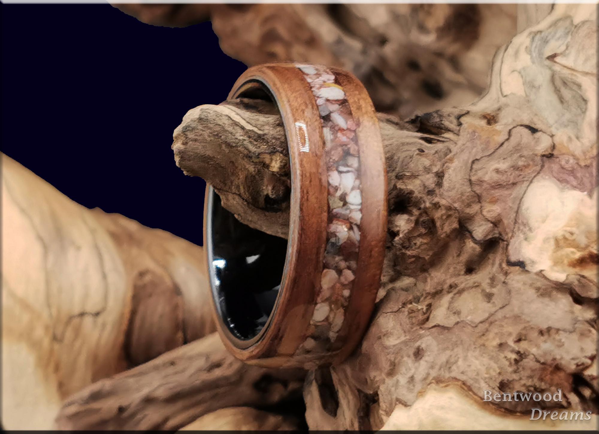 Bentwood Ring: Leopard Walnut, inlaid Soapstone, Black Ceramic core