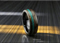 Bentwood Ring: Ancient Bog Oak, offset inlaid Dark Chrysocolla, Polished Black Ceramic core