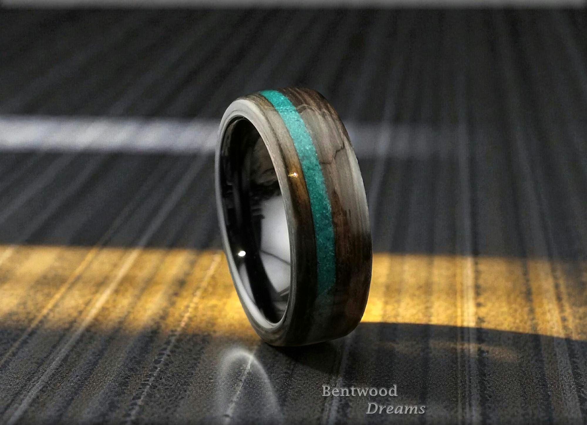 Bentwood Ring: Ancient Bog Oak, offset inlaid Dark Chrysocolla, Polished Black Ceramic core