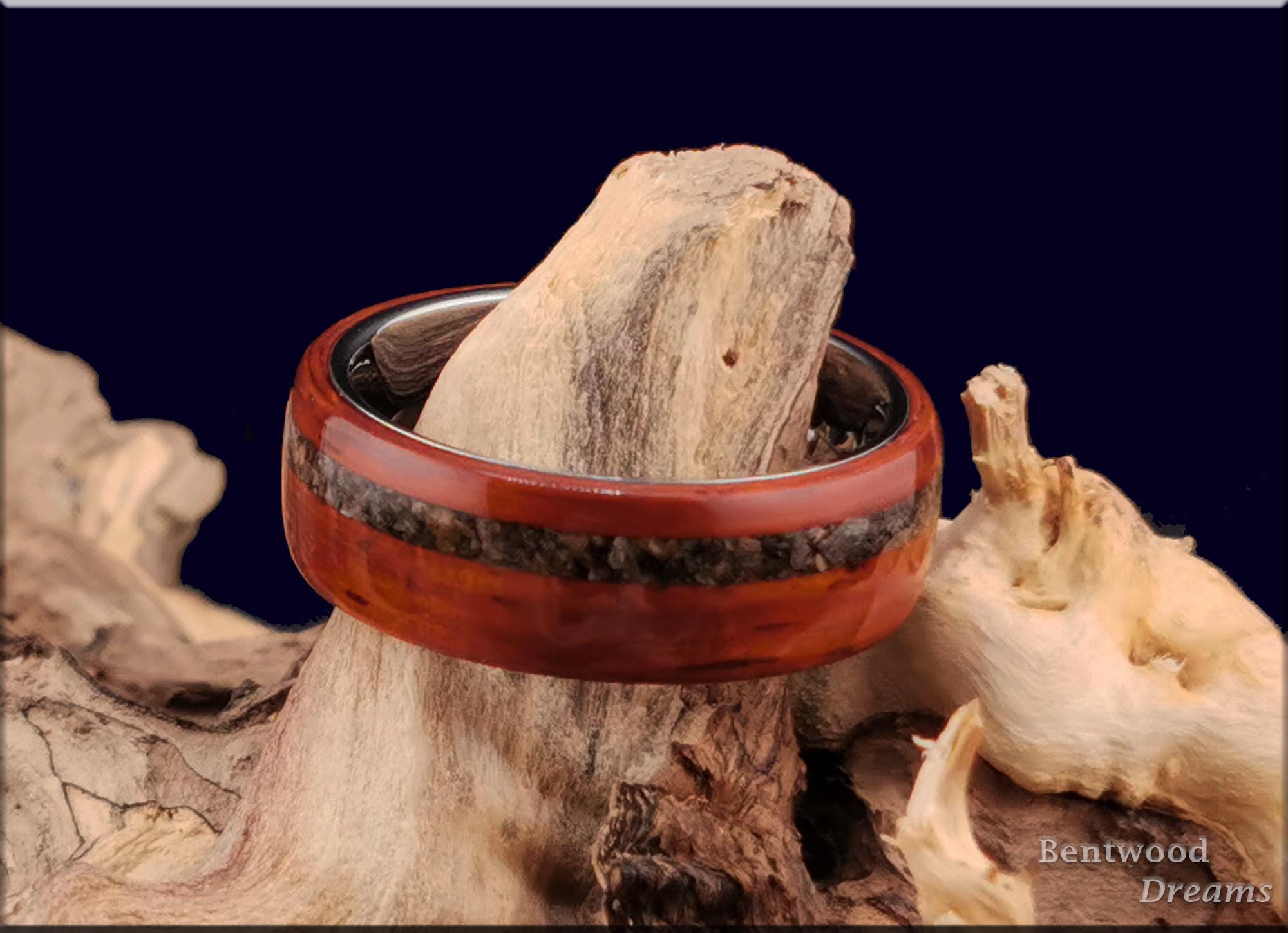 Bentwood Ring: Padauk, offset inlaid Allosaurus Bone, Polished Tungsten core