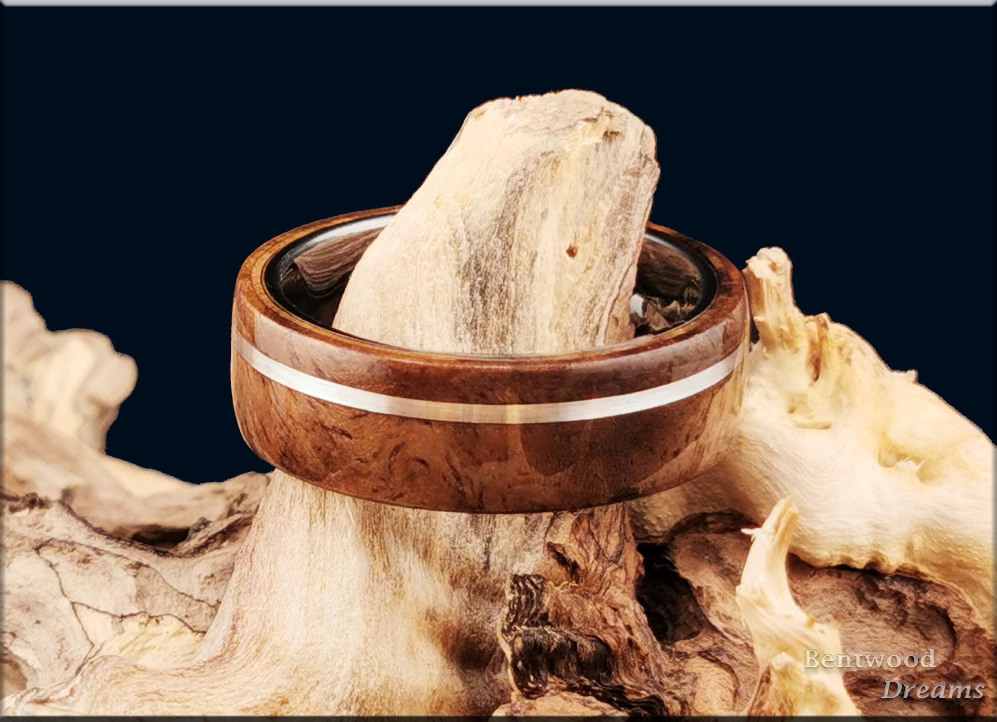 Bentwood Ring: Walnut Burl, offset inlaid Sterling Silver, Polished Tungsten Carbide core
