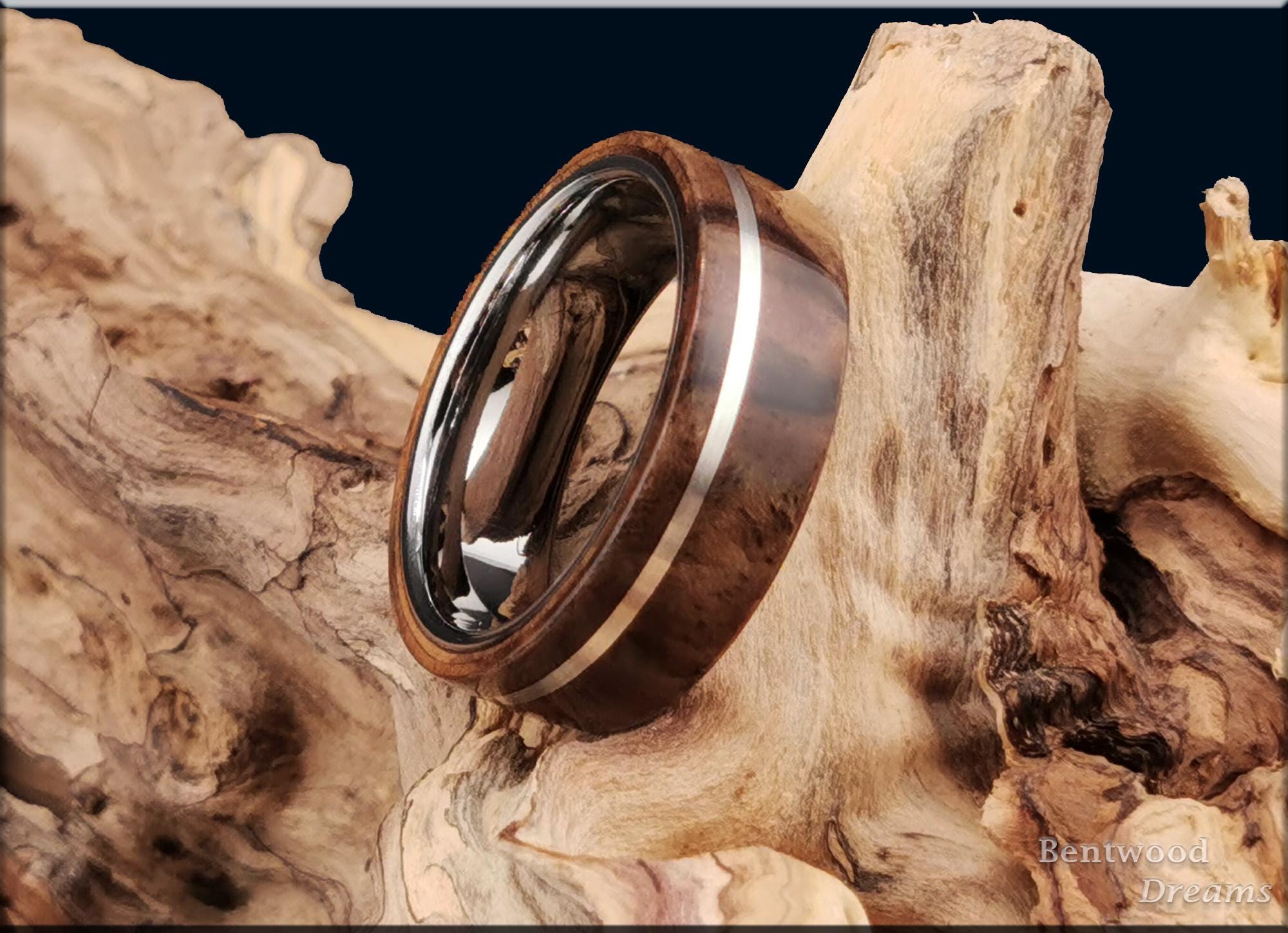 Bentwood Ring: Walnut Burl, offset inlaid Sterling Silver, Polished Tungsten Carbide core