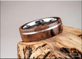 Bentwood Ring: Walnut Burl, offset inlaid Sterling Silver, Polished Tungsten Carbide core