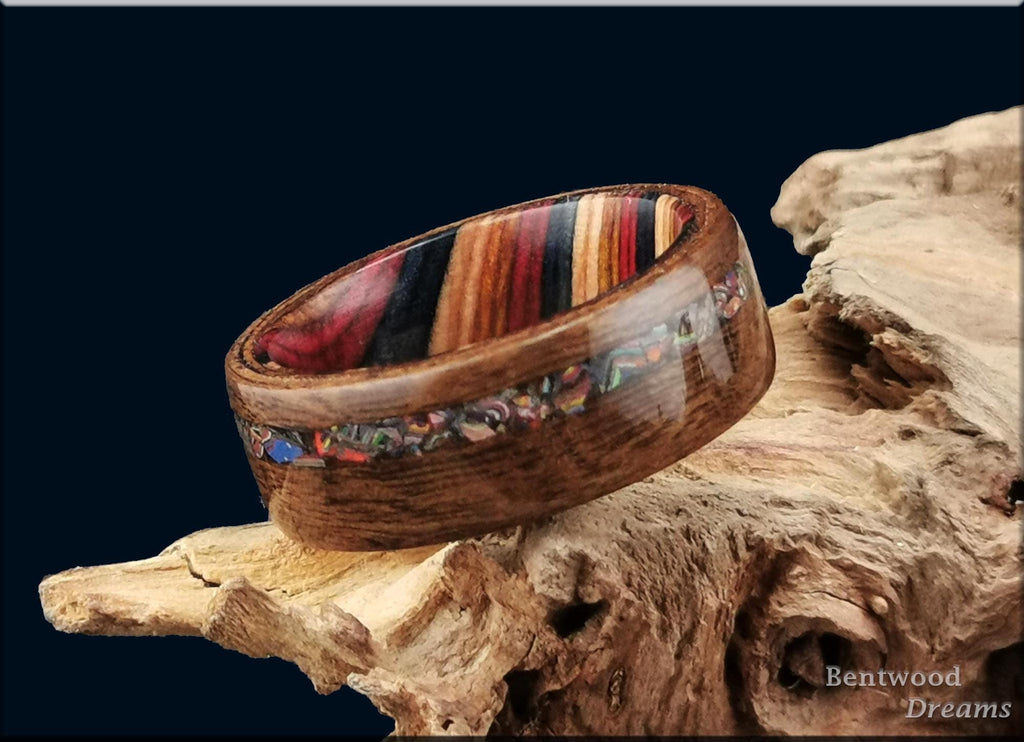 Bentwood Ring: Imbuya Pommele, inlaid Cadillac Ranch ('Cadilite'), Multi-colour wood core