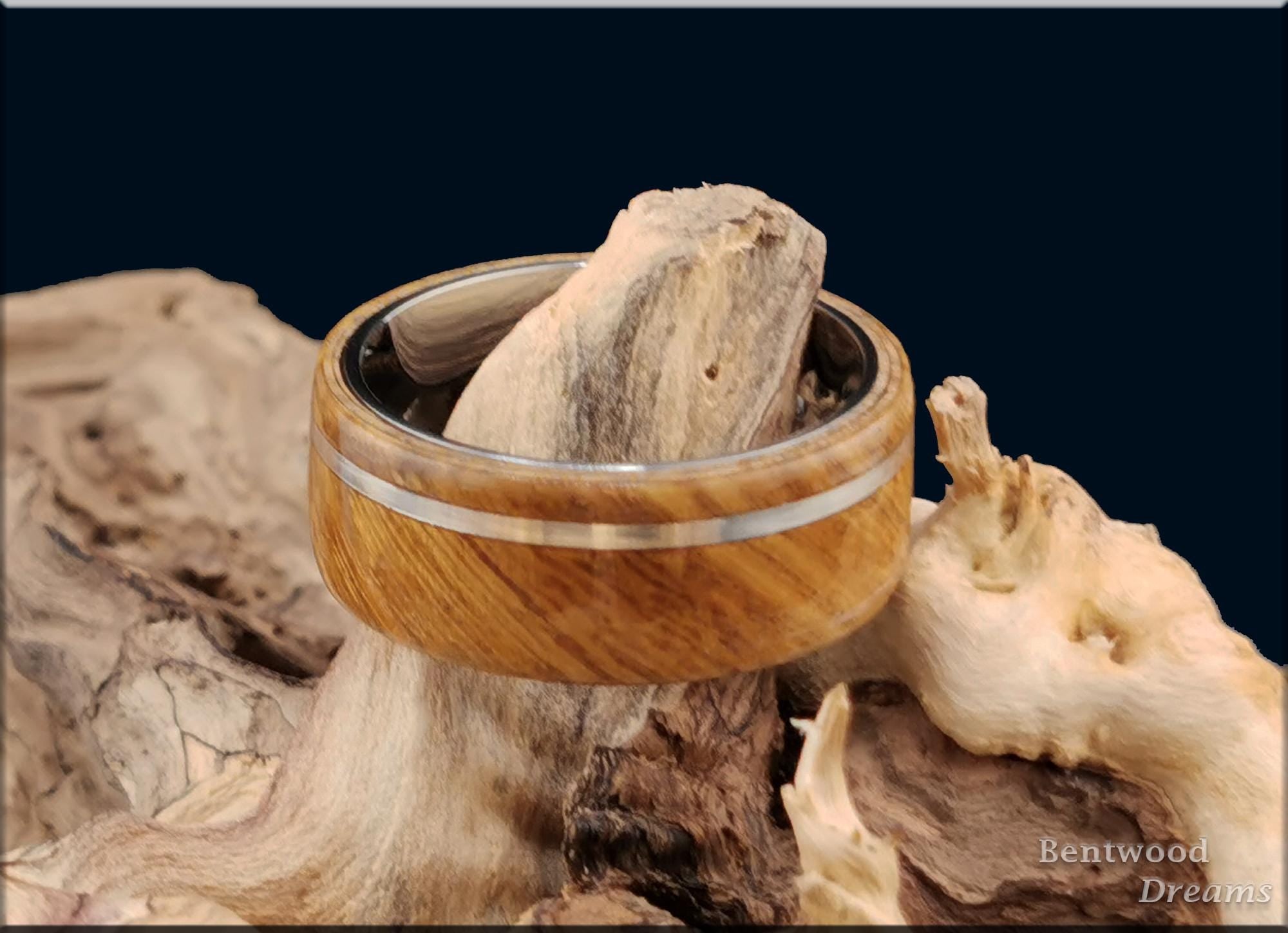 Bentwood Ring: Cerejeira, offset inlaid Silver Wire, Polished Titanium Core, wood ring