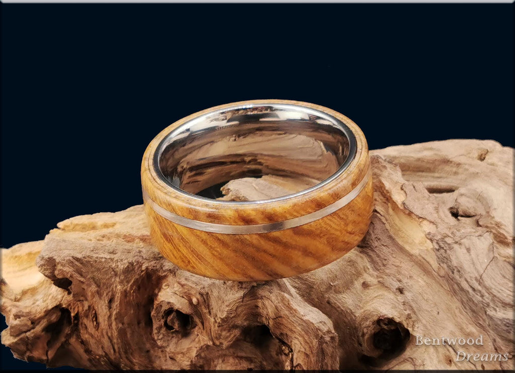 Bentwood Ring: Cerejeira, offset inlaid Silver Wire, Polished Titanium Core, wood ring