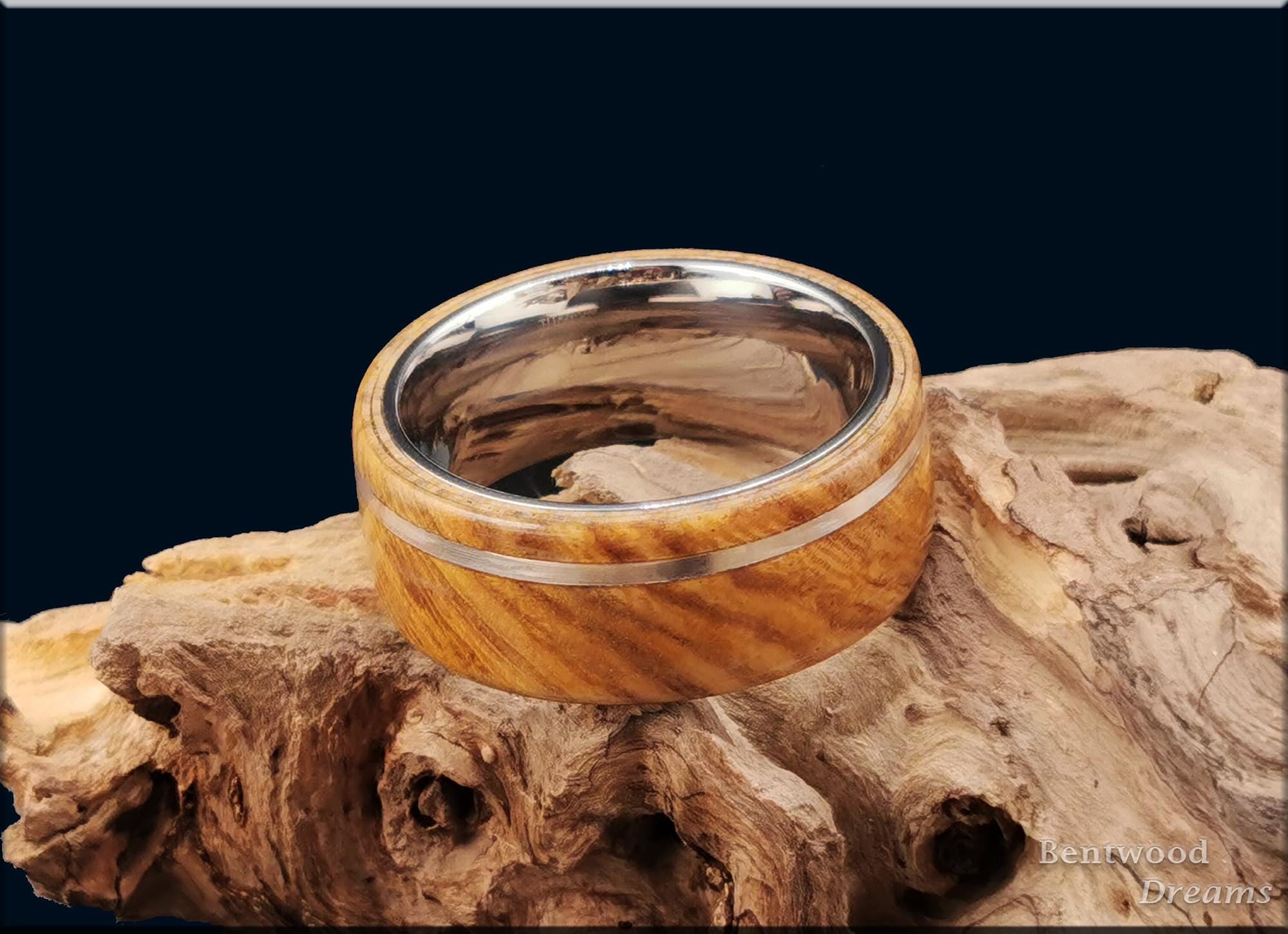 Bentwood Ring: Cerejeira, offset inlaid Silver Wire, Polished Titanium Core, wood ring