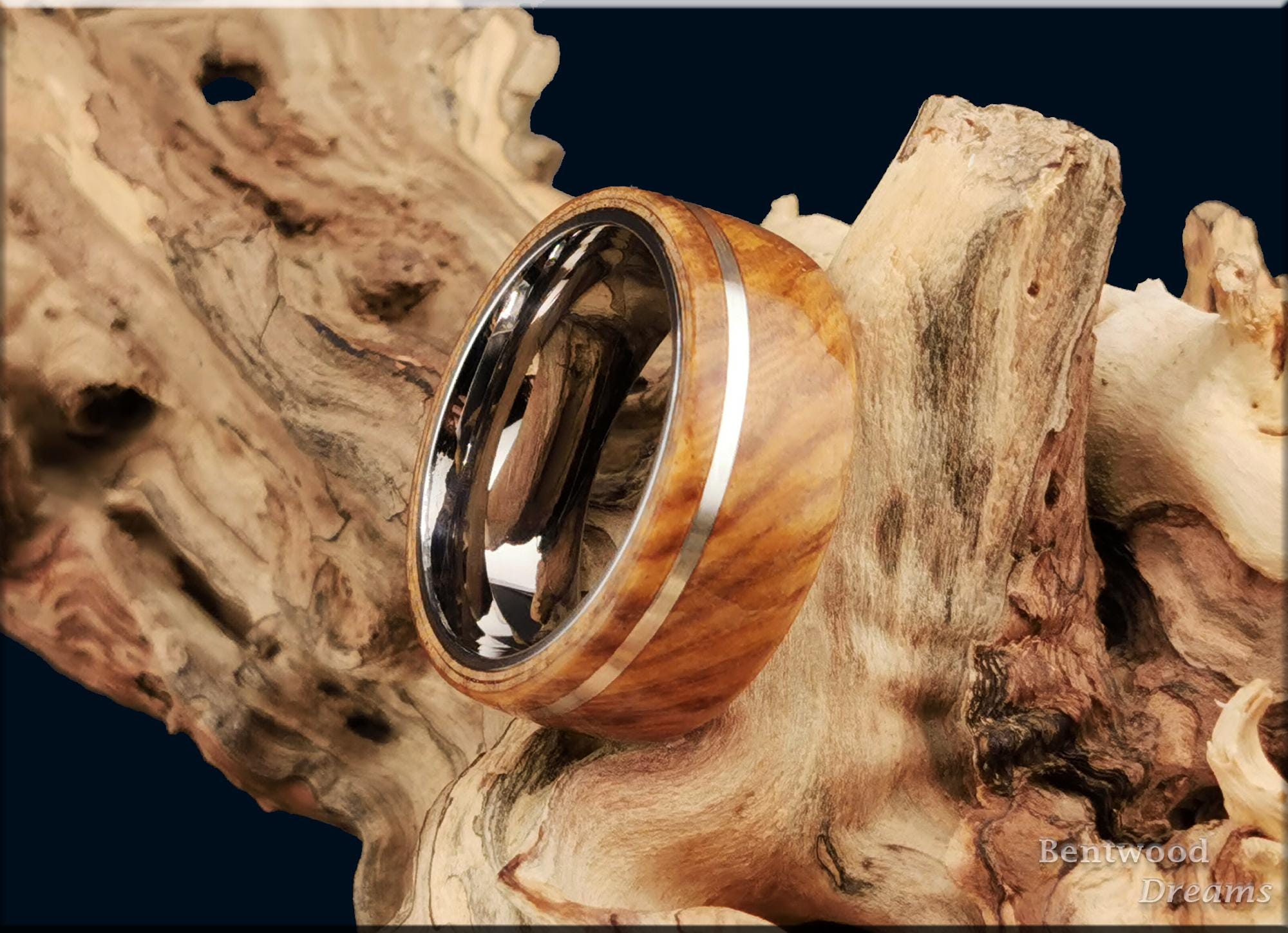 Bentwood Ring: Cerejeira, offset inlaid Silver Wire, Polished Titanium Core, wood ring