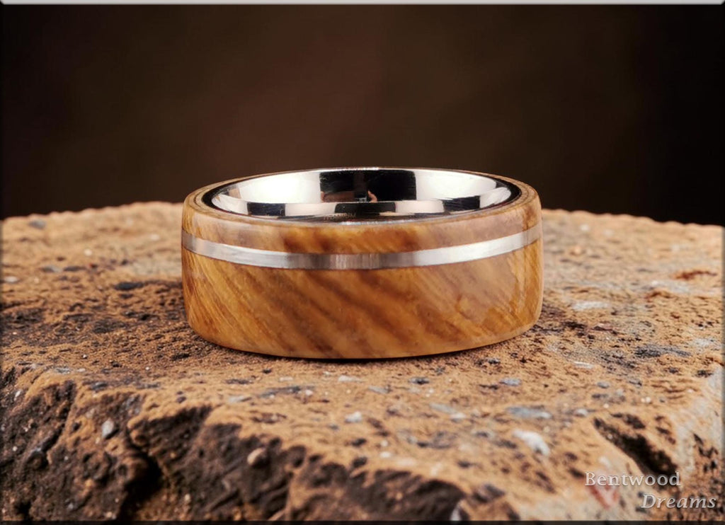 Bentwood Ring: Cerejeira, offset inlaid Silver Wire, Polished Titanium Core, wood ring