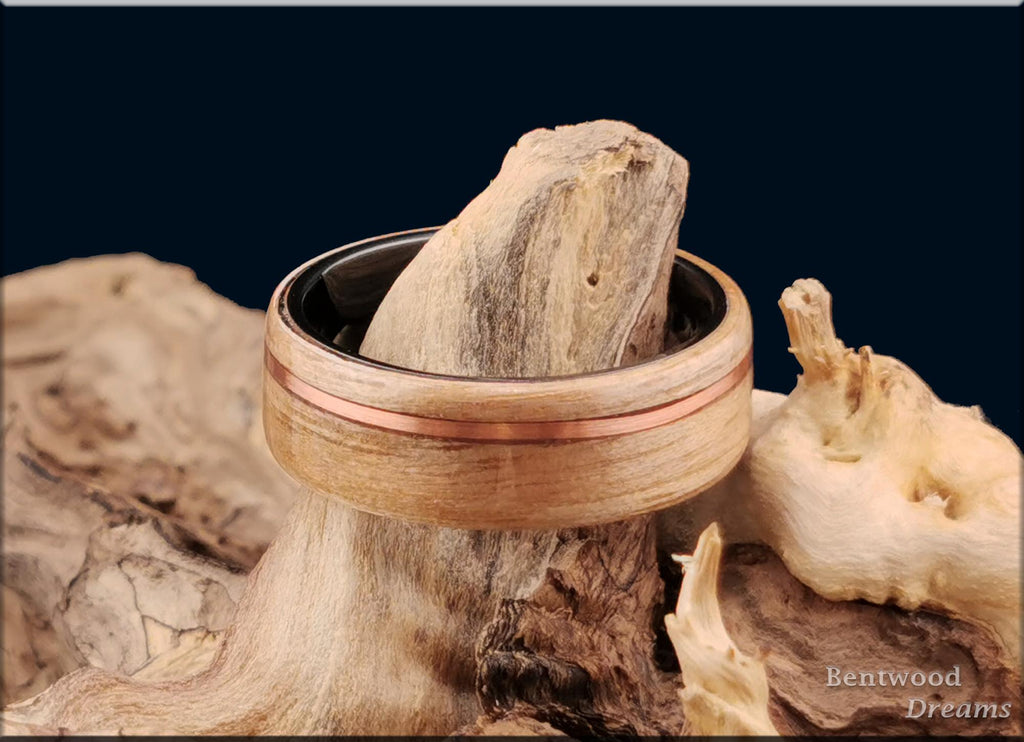 Bentwood Ring: Butternut, offset inlaid Copper Wire, Polished Black Ceramic core, wood ring