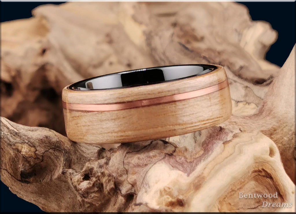 Bentwood Ring: Butternut, offset inlaid Copper Wire, Polished Black Ceramic core, wood ring