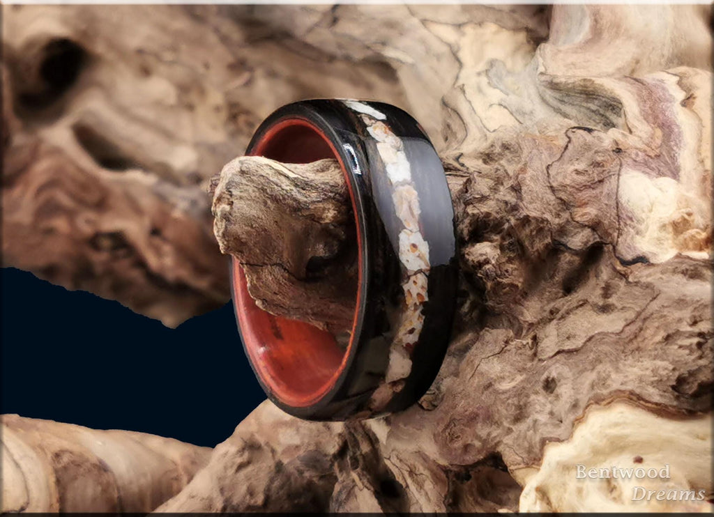Bentwood Ring: Smoked Eucalyptus, inlaid Plesiosaurus Bone, Bentwood Padauk core