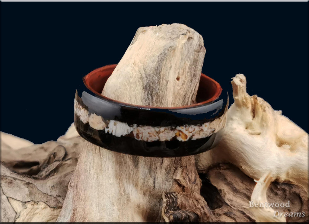 Bentwood Ring: Smoked Eucalyptus, inlaid Plesiosaurus Bone, Bentwood Padauk core