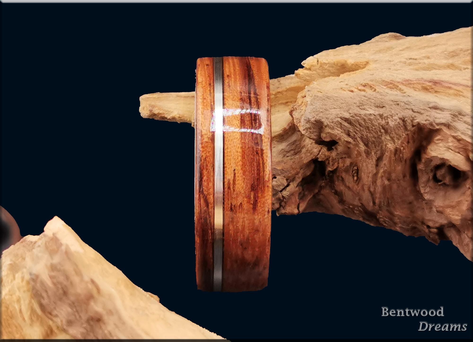 Bentwood Ring: Berlinia, offset inlaid Sterling Silver, Polished Tungsten Carbide core