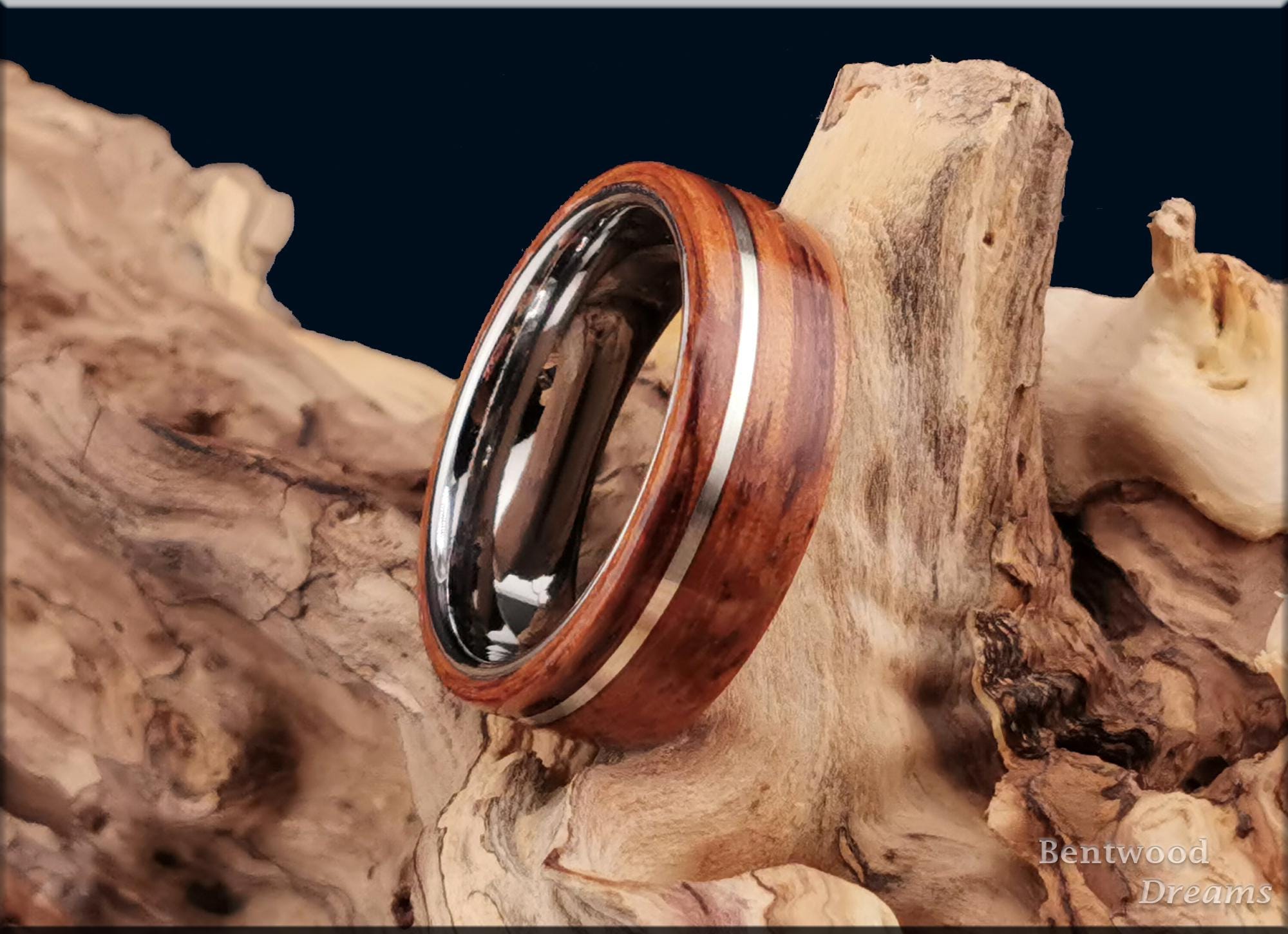 Bentwood Ring: Berlinia, offset inlaid Sterling Silver, Polished Tungsten Carbide core