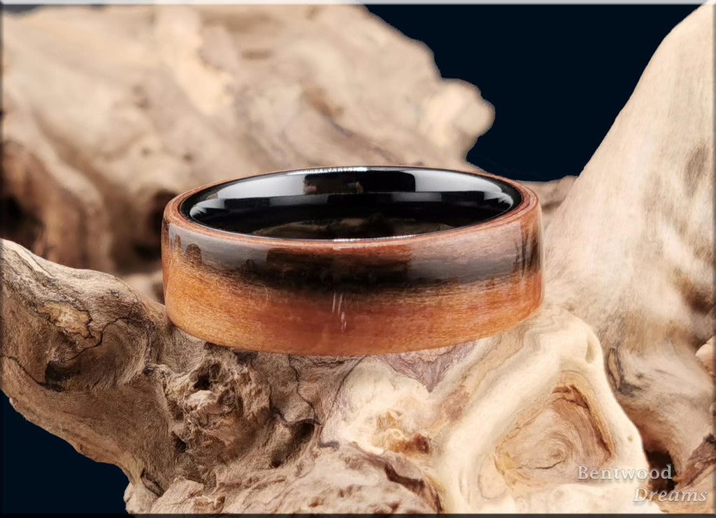 Bentwood Ring: Tineo, polished Black Ceramic core, wood ring