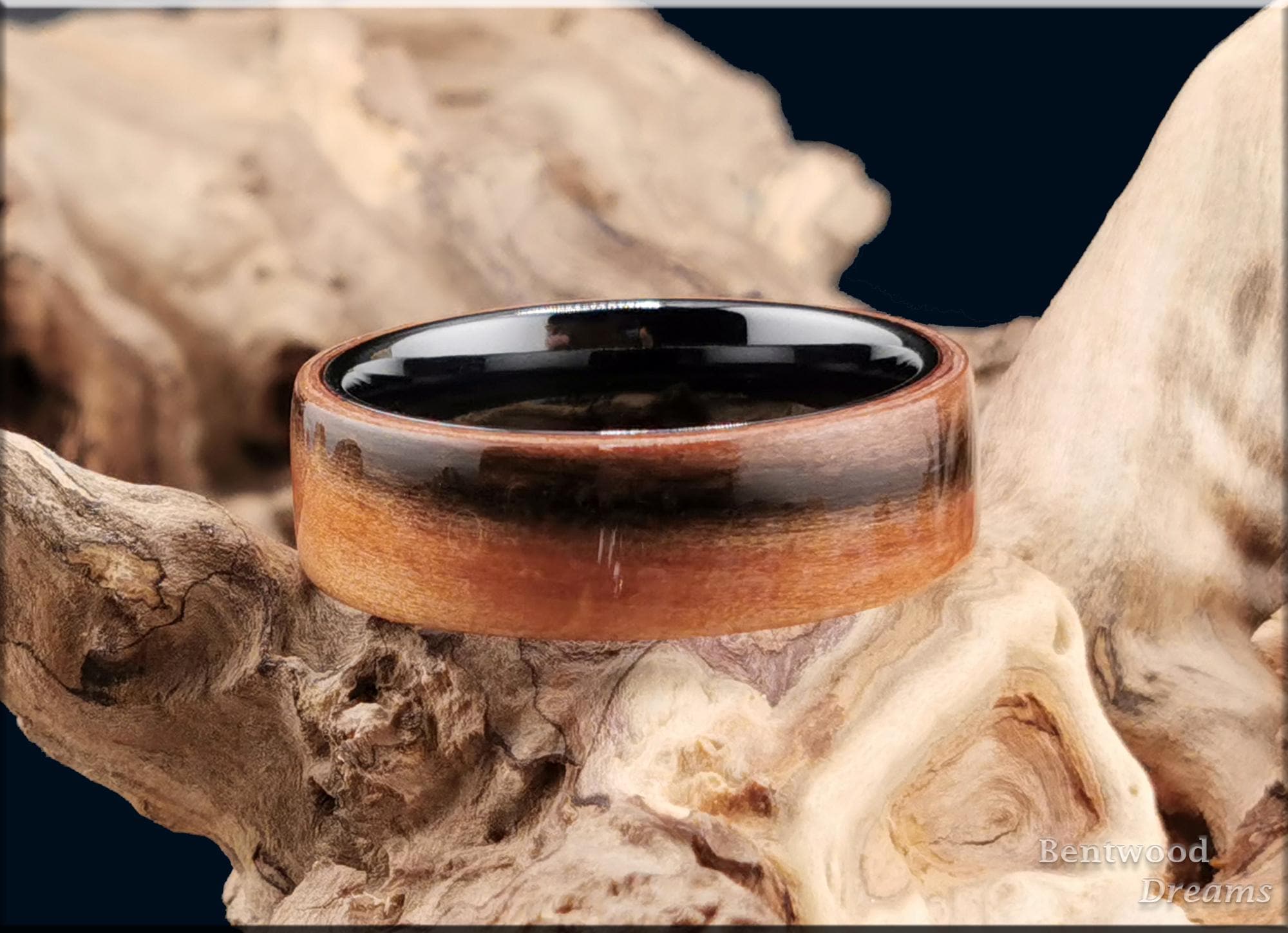 Bentwood Ring: Tineo, polished Black Ceramic core, wood ring