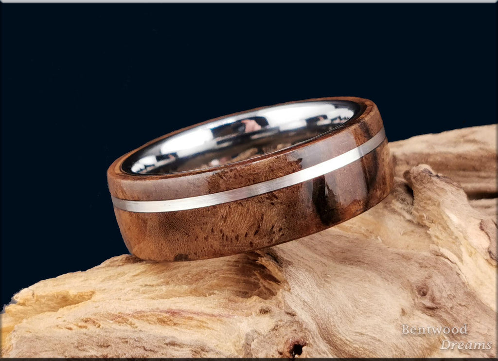 Bentwood Ring: Walnut Burl, offset inlaid Sterling Silver, Polished Tungsten Carbide core