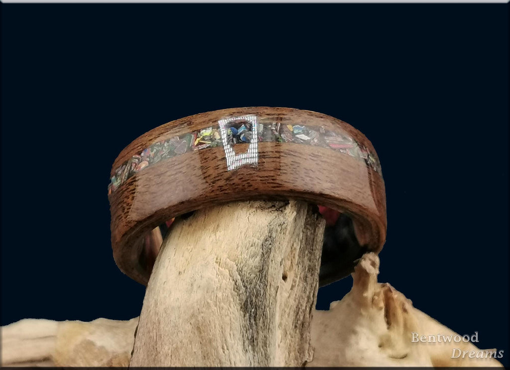 Bentwood Ring: Imbuya Pommele, inlaid Cadillac Ranch ('Cadilite'), Multi-colour wood core