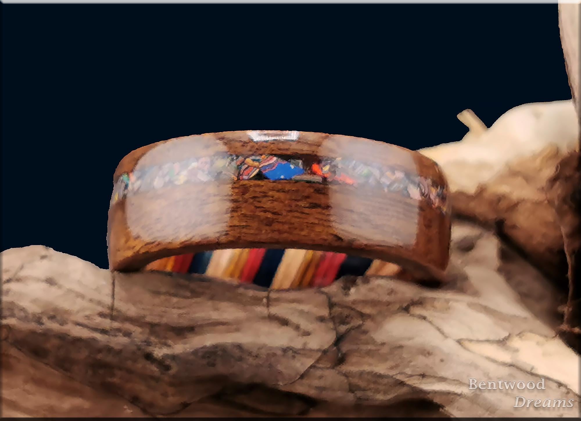 Bentwood Ring: Imbuya Pommele, inlaid Cadillac Ranch ('Cadilite'), Multi-colour wood core
