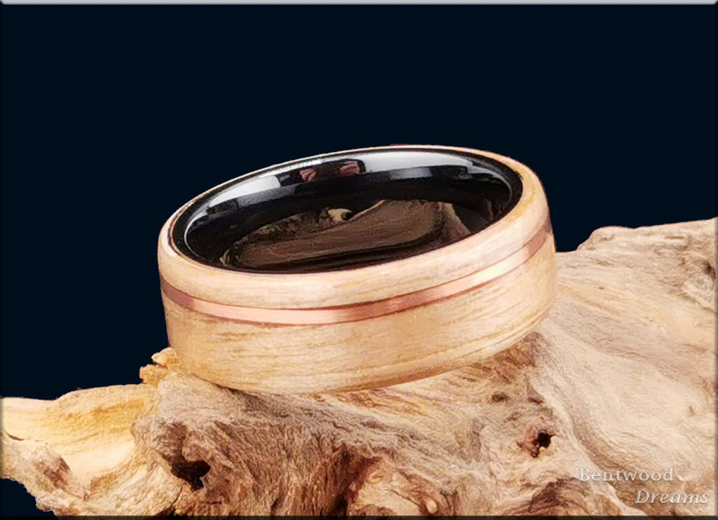 Bentwood Ring: Butternut, offset inlaid Copper Wire, Polished Black Ceramic core, wood ring