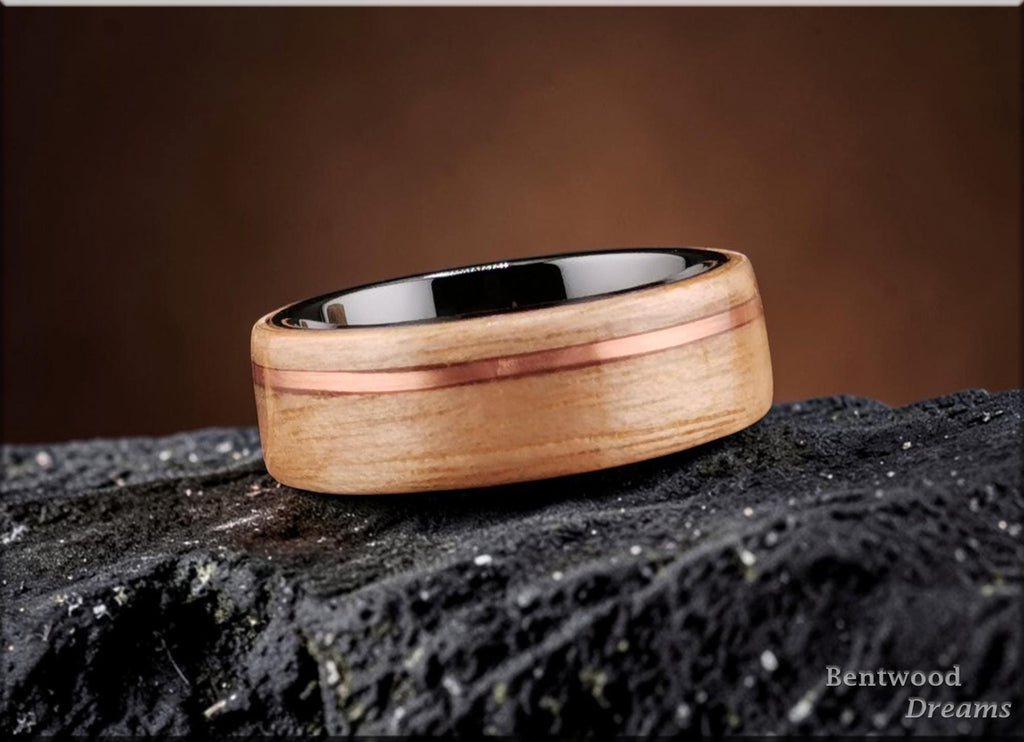 Bentwood Ring: Butternut, offset inlaid Copper Wire, Polished Black Ceramic core, wood ring