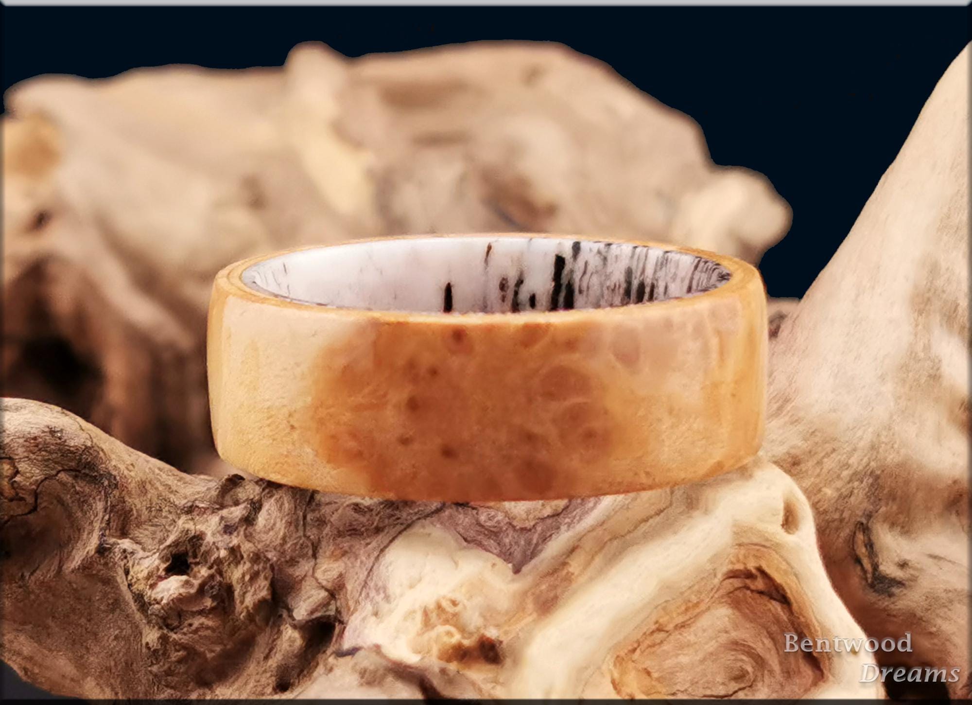Bentwood Ring: Maple Burl, Deer Antler core, wood ring