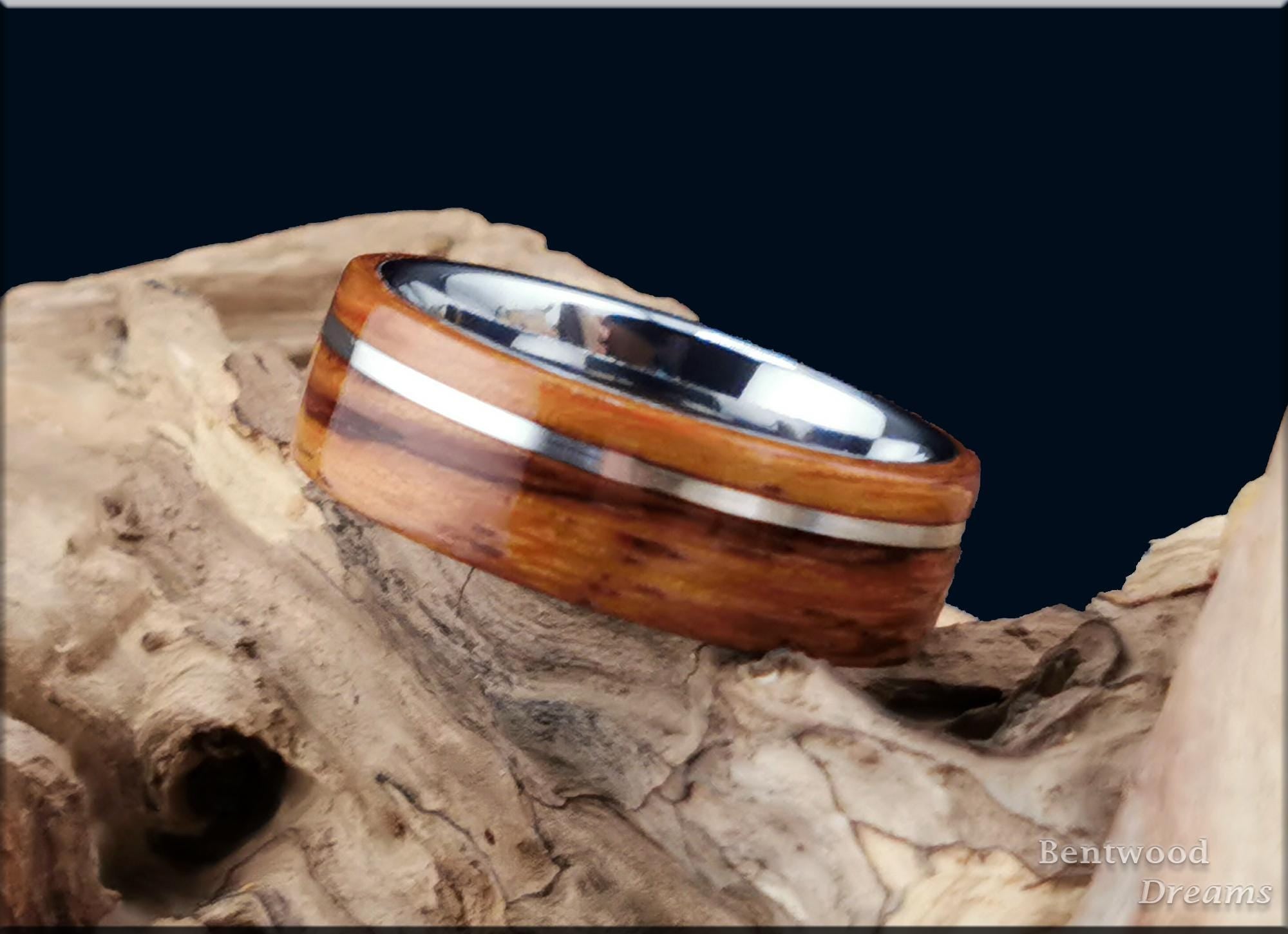 Bentwood Ring: Berlinia, offset inlaid Sterling Silver, Polished Tungsten Carbide core