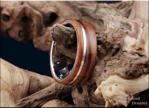 Bentwood Ring: Berlinia, offset inlaid Sterling Silver, Polished Tungsten Carbide core