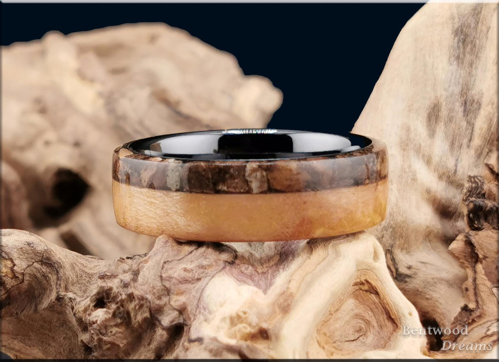 Bentwood Ring: Figured Maple, live edge inlaid Velociraptor Bone, polished Black Ceramic core