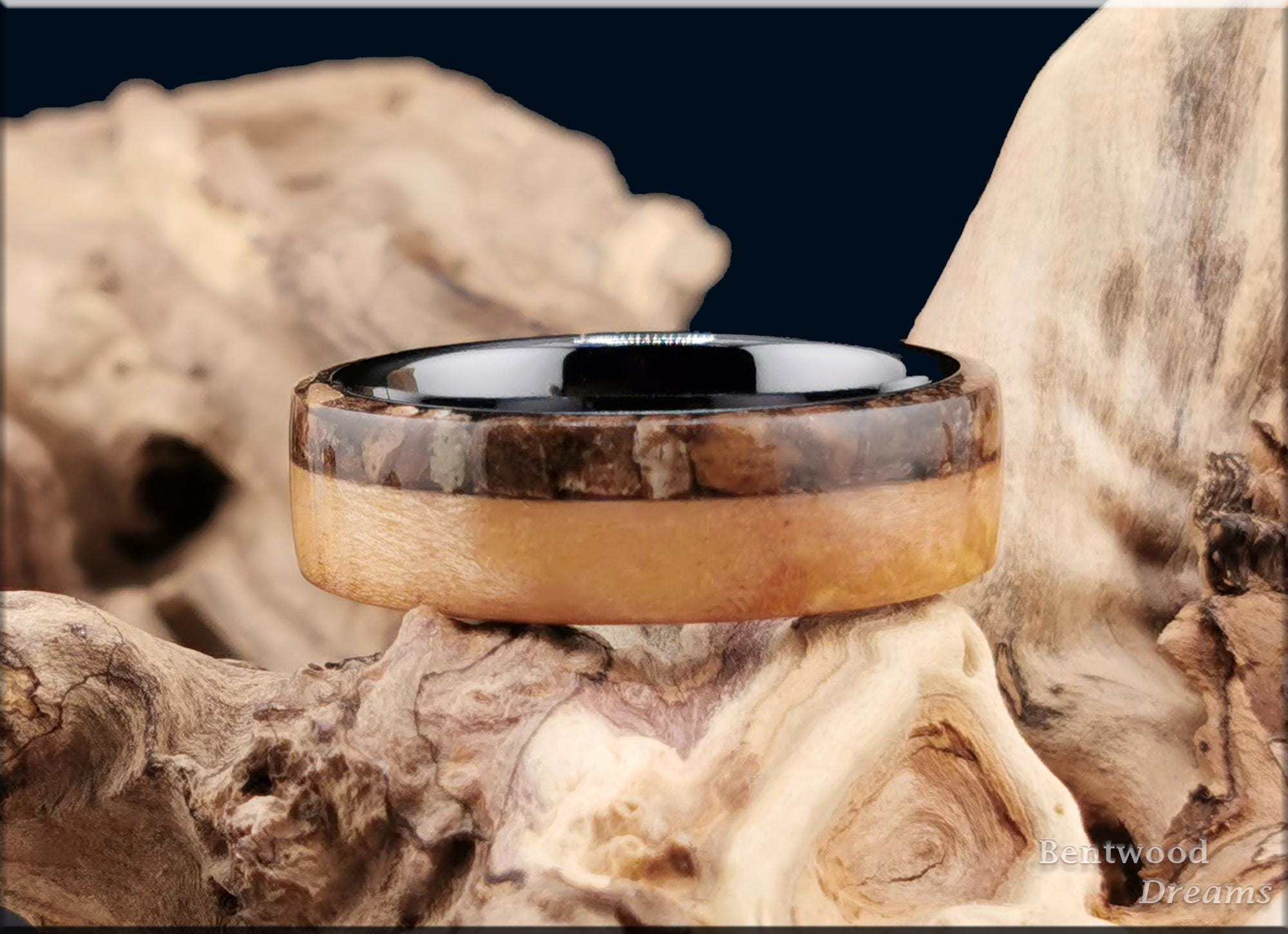 Bentwood Ring: Figured Maple, live edge inlaid Velociraptor Bone, polished Black Ceramic core