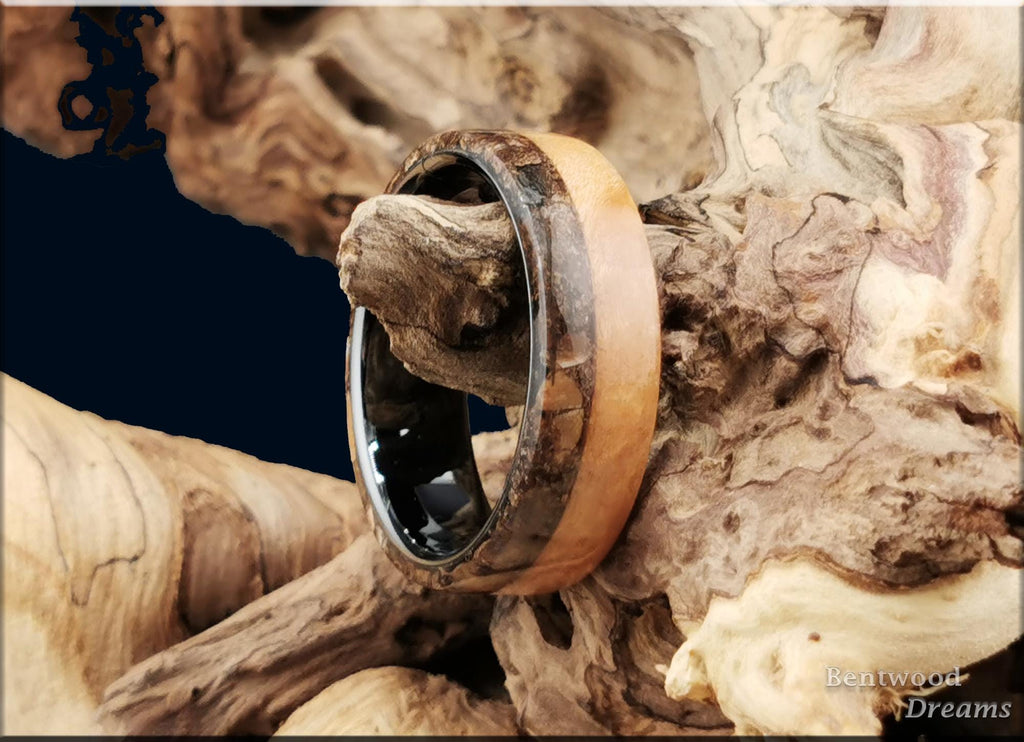 Bentwood Ring: Figured Maple, live edge inlaid Velociraptor Bone, polished Black Ceramic core