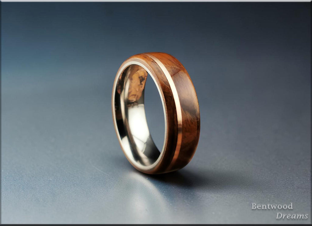 Bentwood Ring: Imbuya Pommele, offset inlaid Bronze, Tungsten Carbide core