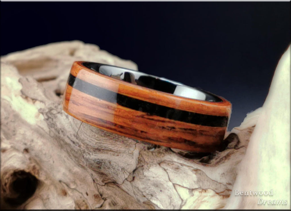 Bentwood Ring: Honduran Rosewood, offset Black Agate inlay, polished Black Ceramic core