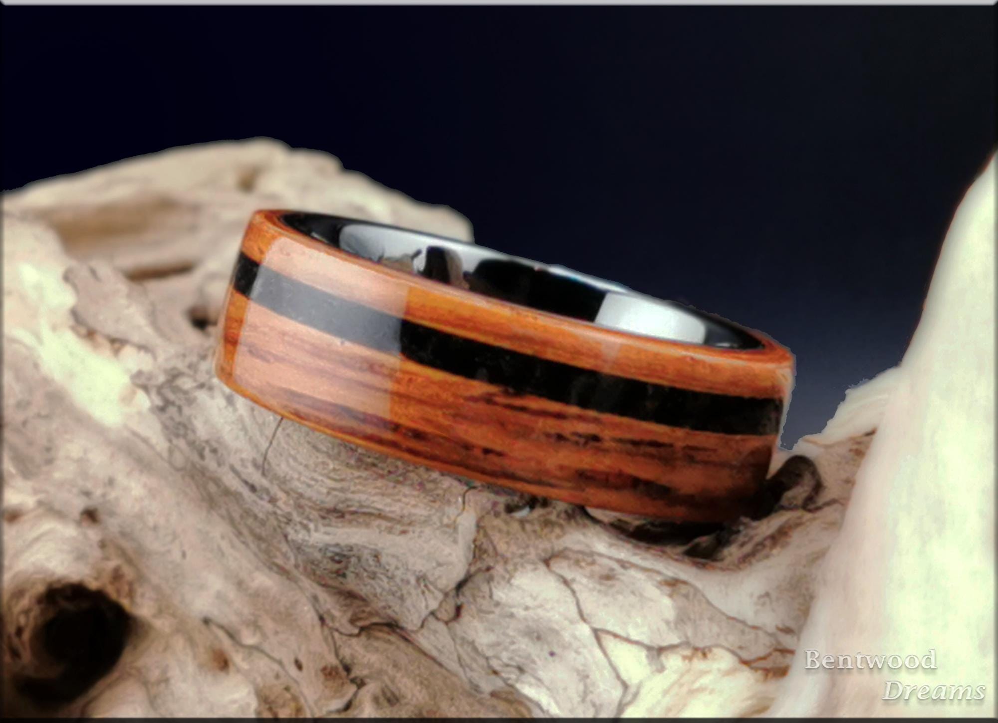 Bentwood Ring: Honduran Rosewood, offset Black Agate inlay, polished Black Ceramic core