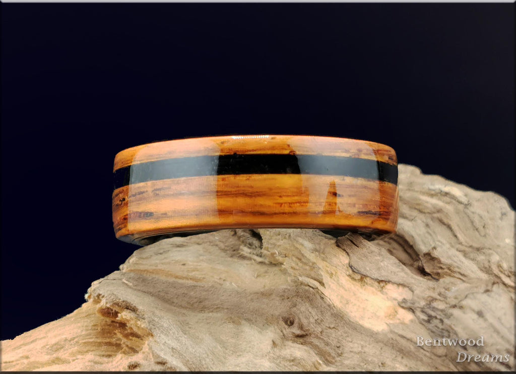 Bentwood Ring: Honduran Rosewood, offset Black Agate inlay, polished Black Ceramic core