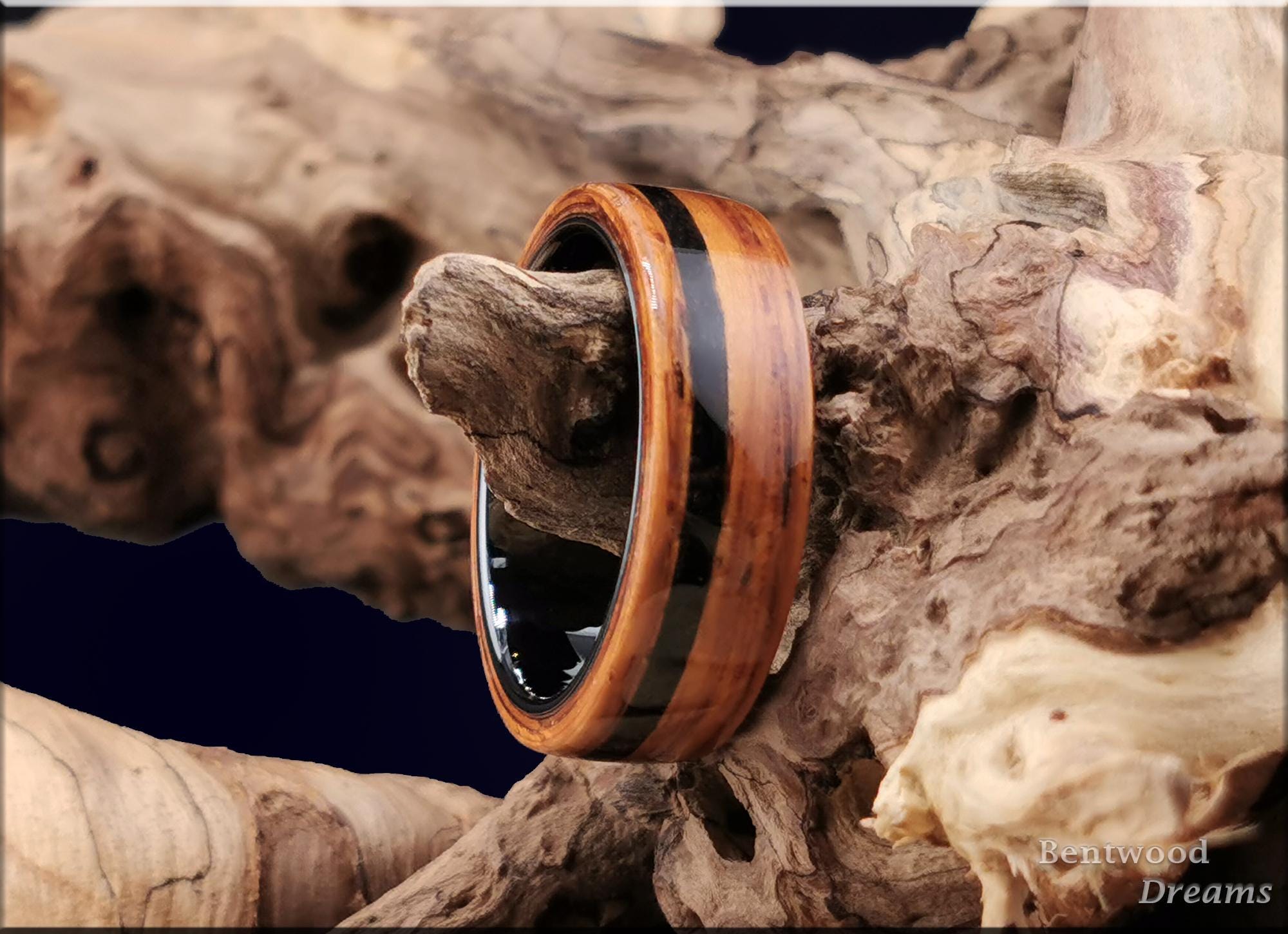 Bentwood Ring: Honduran Rosewood, offset Black Agate inlay, polished Black Ceramic core