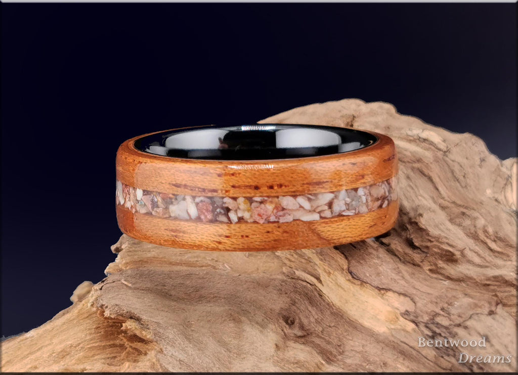 Bentwood Ring: Spanish Cedar, Soapstone inlay, polished Black Ceramic core