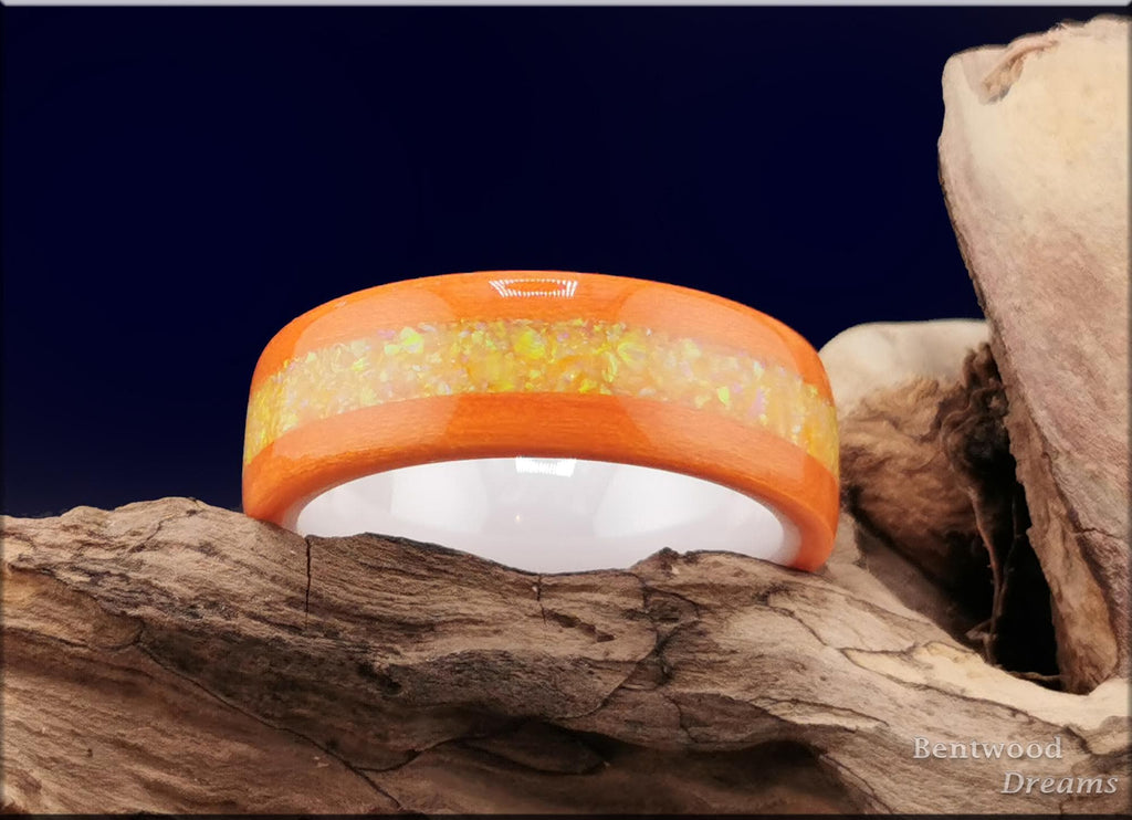 Bentwood Ring: Orange Tulipwood, inlaid Opal, polished White Ceramic core