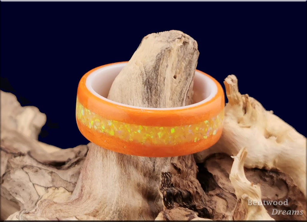 Bentwood Ring: Orange Tulipwood, inlaid Opal, polished White Ceramic core