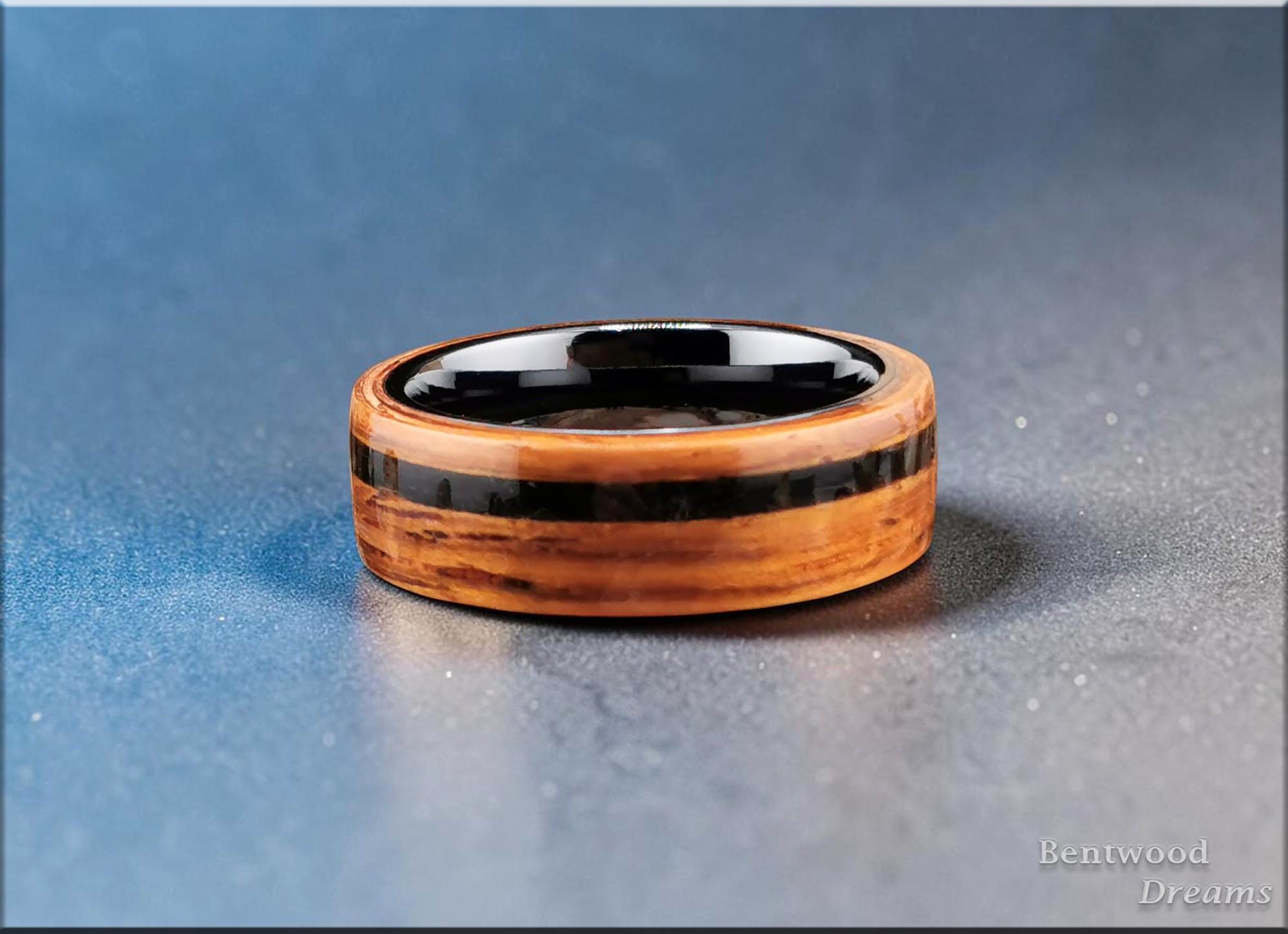 Bentwood Ring: Honduran Rosewood, offset Black Agate inlay, polished Black Ceramic core