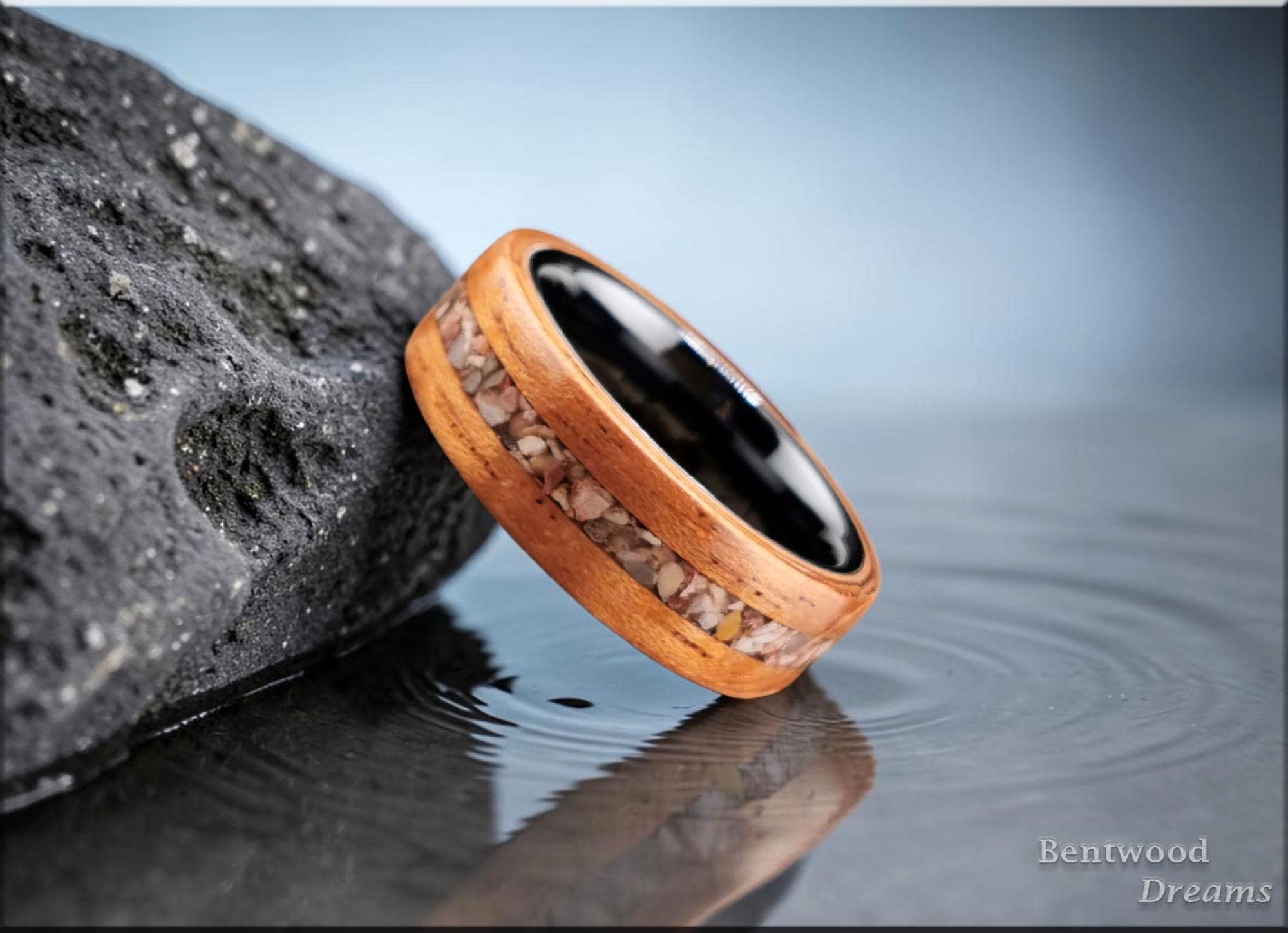 Bentwood Ring: Spanish Cedar, Soapstone inlay, polished Black Ceramic core